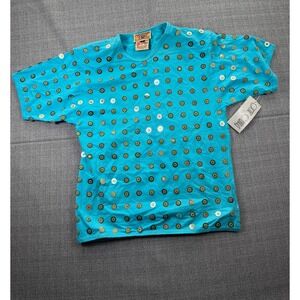 Vintage Gene Ewing BIS T Shirt Womens Small Teal Sequin Beaded Wrinkled Rich